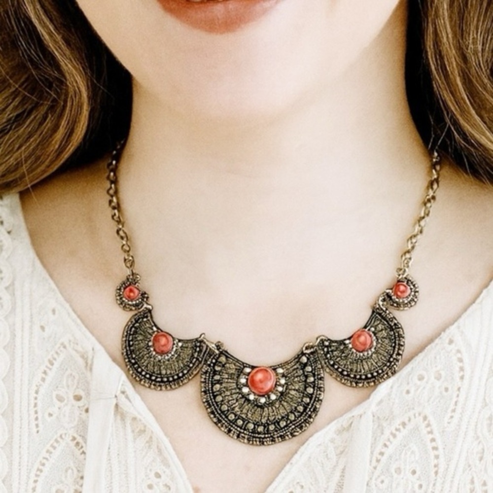 Vintage Statement Necklace Bronze Filigree Rhinestone Coral Cabochon 18”+3” Ext